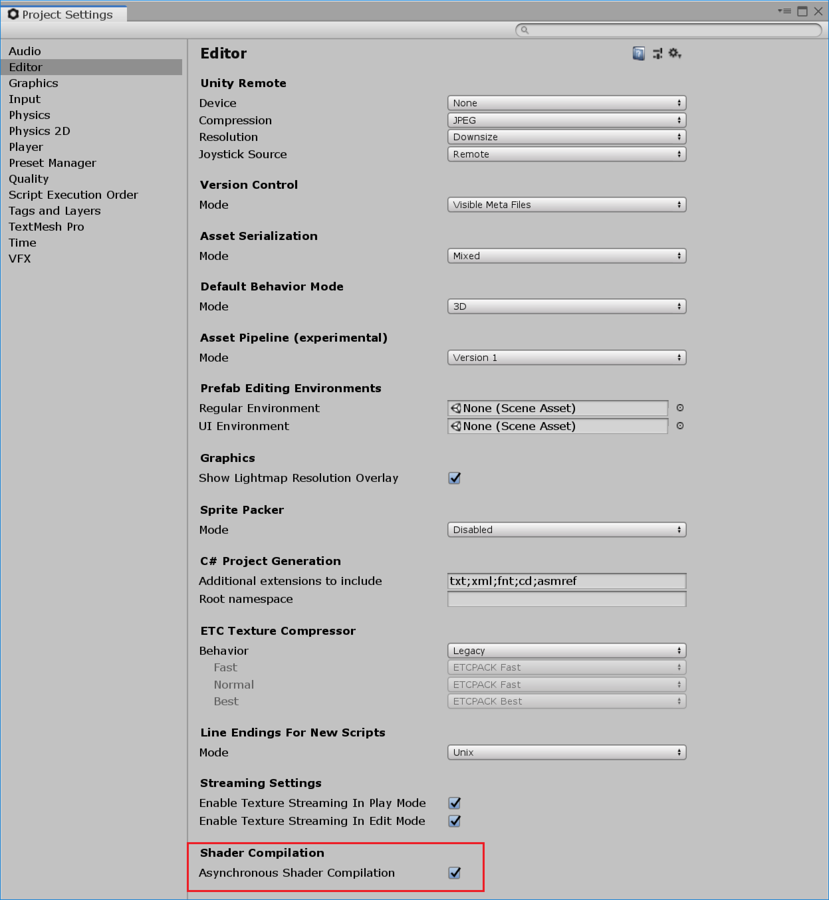 可以在 Project Settings > Editor > Shader Compilation 下找到 Asynchronous Shader Compilation 的复选框。